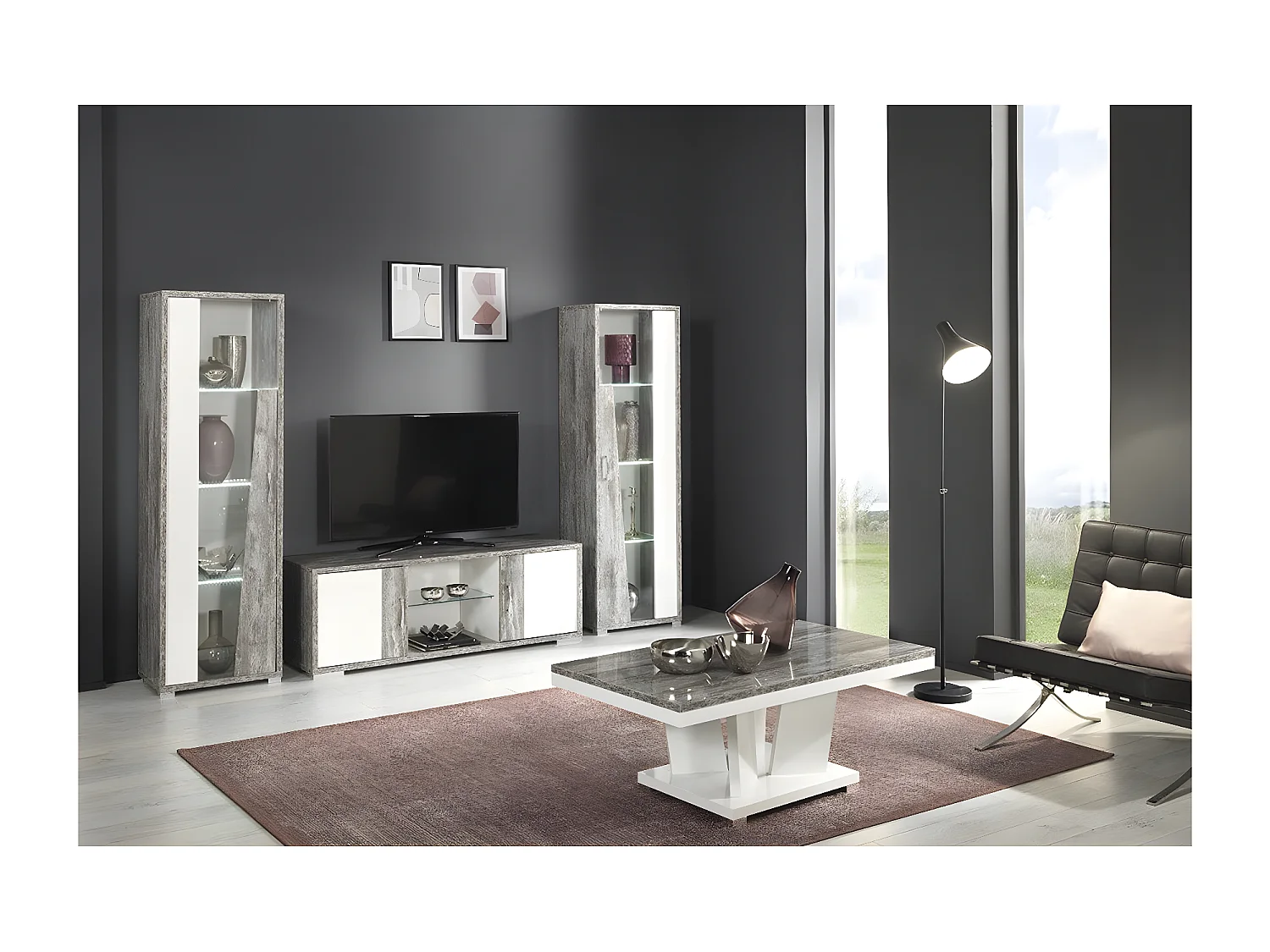 DENYS - Vitrine 1 Porte Gauche Laqué Blanc et Effet Bois Taupe