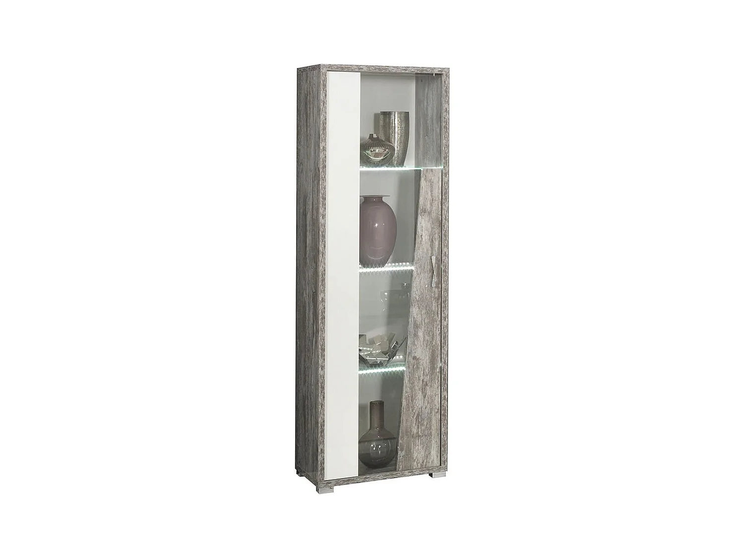 DENYS - Vitrine 1 Porte Gauche Laqué Blanc et Effet Bois Taupe