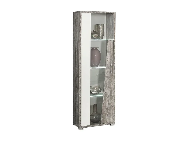 DENYS - Vitrine 1 Porte Gauche Laqué Blanc et Effet Bois Taupe