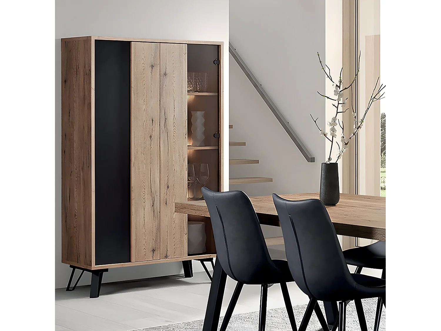 CARSON - Vitrine 2 Portes Effet Bois Naturel et Noir avec Leds