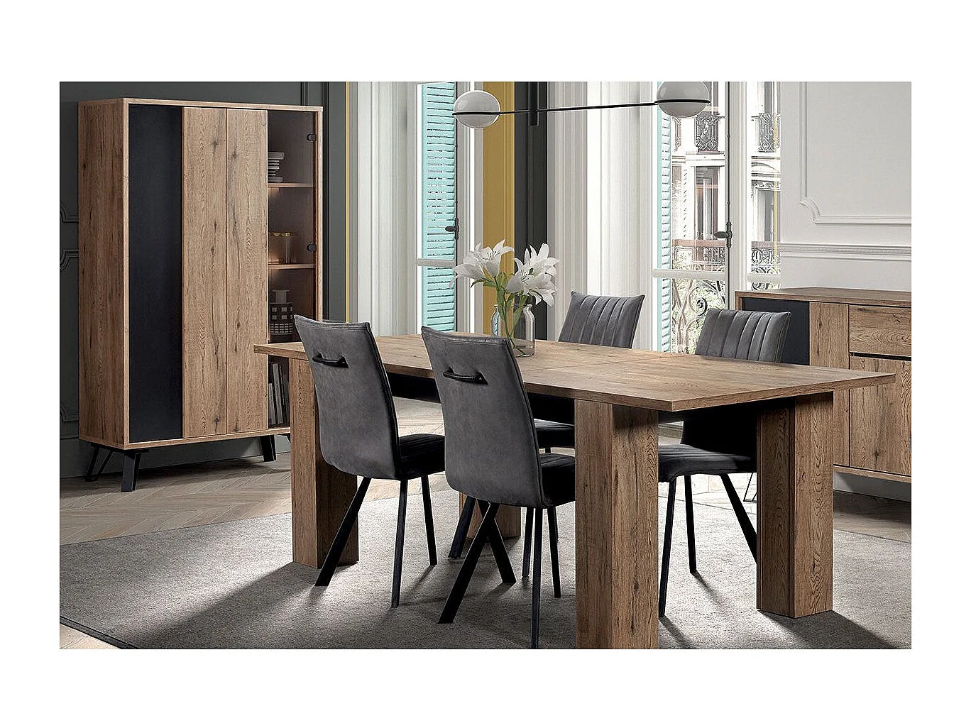 CARSON - Vitrine 2 Portes Effet Bois Naturel et Noir avec Leds