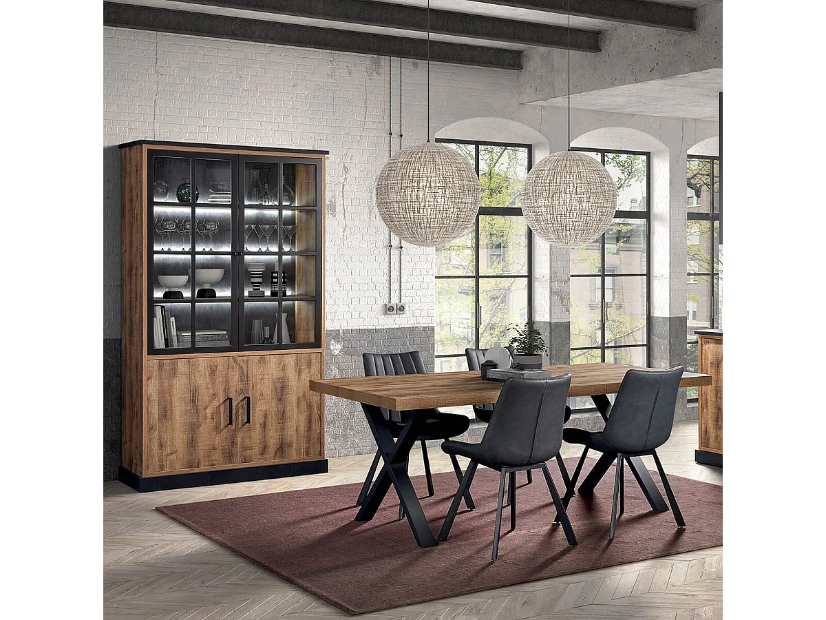 JENNA - Vitrine 4 Portes Aspect Bois et Métal Poudré Noir