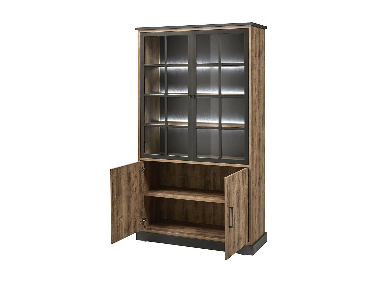 JENNA - Vitrine 4 Portes Aspect Bois et Métal Poudré Noir