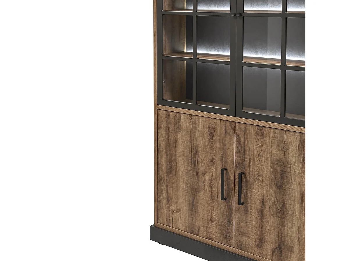 JENNA - Vitrine 4 Portes Aspect Bois et Métal Poudré Noir