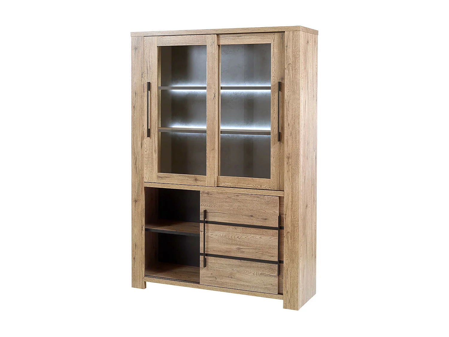 NILLA - Vitrine 4 Portes Aspect Bois avec Eclairage Led