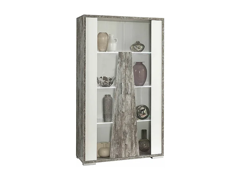 DENYS - Vitrine 2 Portes Laqué Blanc et Effet Bois Taupe
