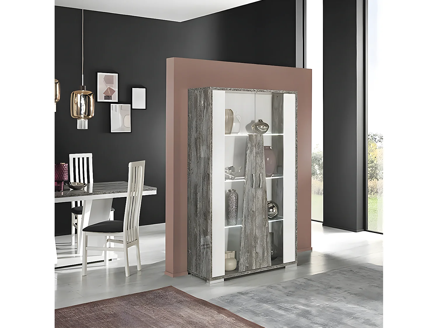 DENYS - Vitrine 2 Portes Laqué Blanc et Effet Bois Taupe