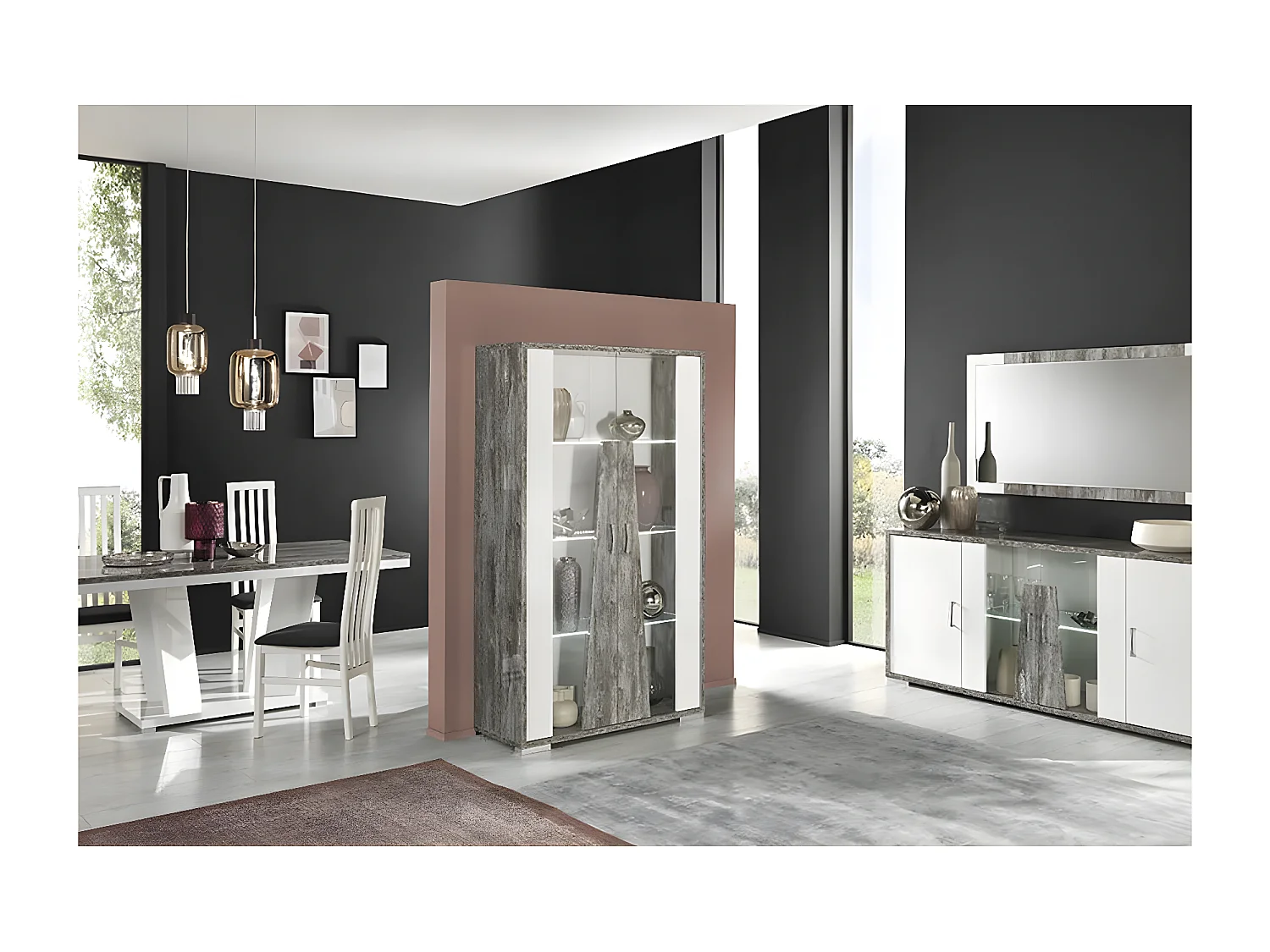 DENYS - Vitrine 2 Portes Laqué Blanc et Effet Bois Taupe