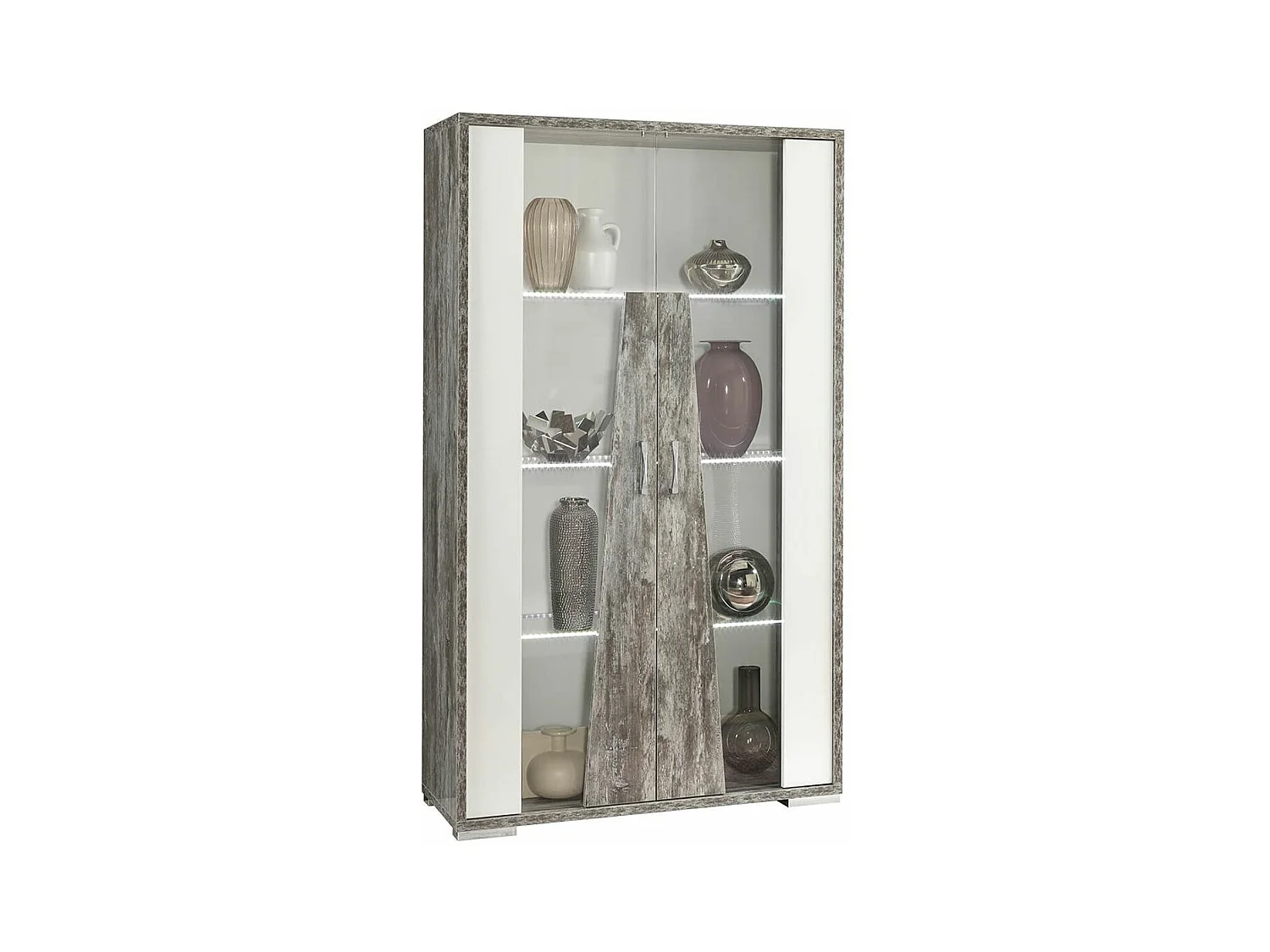 DENYS - Vitrine 2 Portes Laqué Blanc et Effet Bois Taupe
