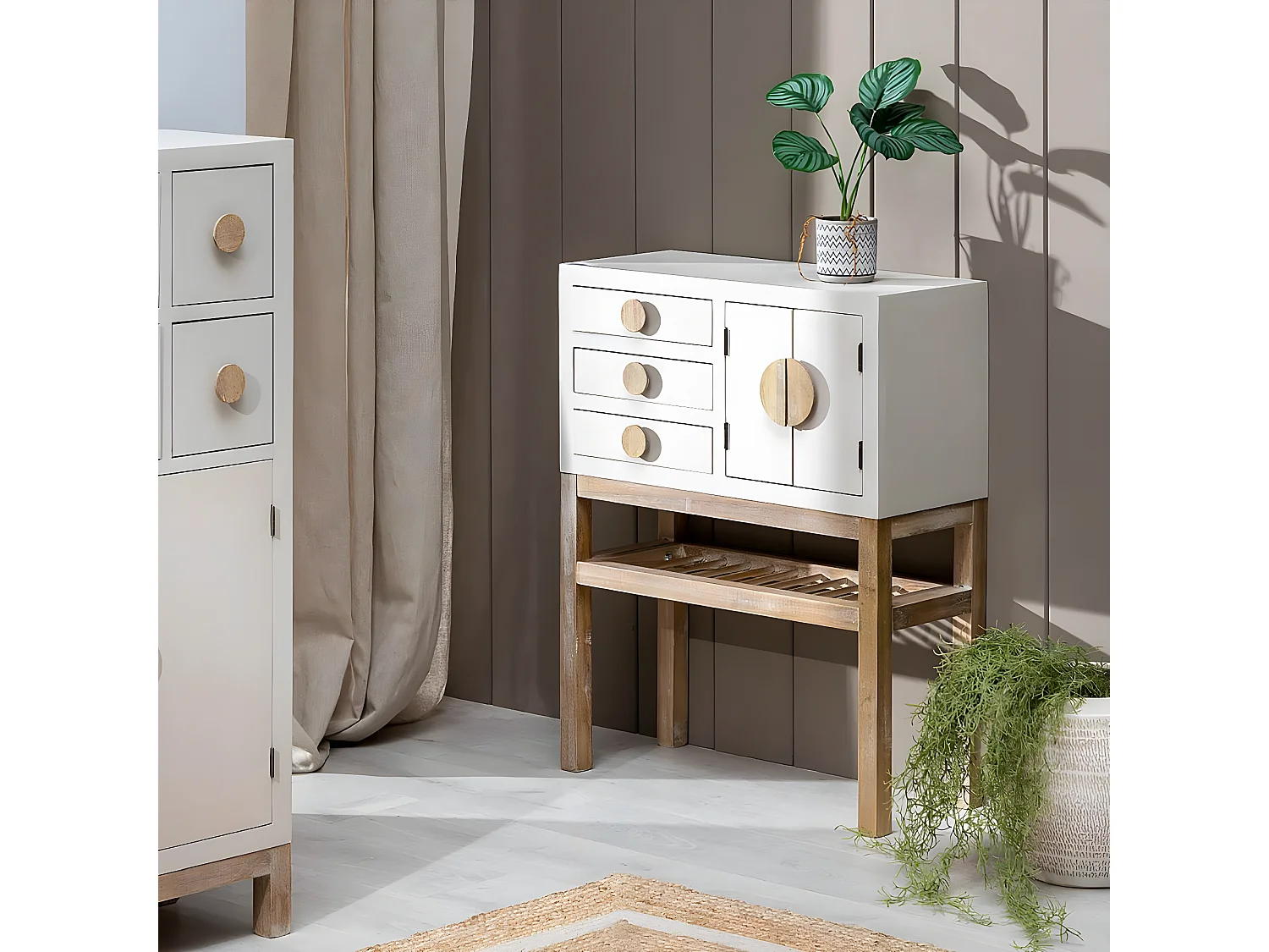 MYSTIC - Meuble 2 Portes 3 Tiroirs en Paulownia et MDF