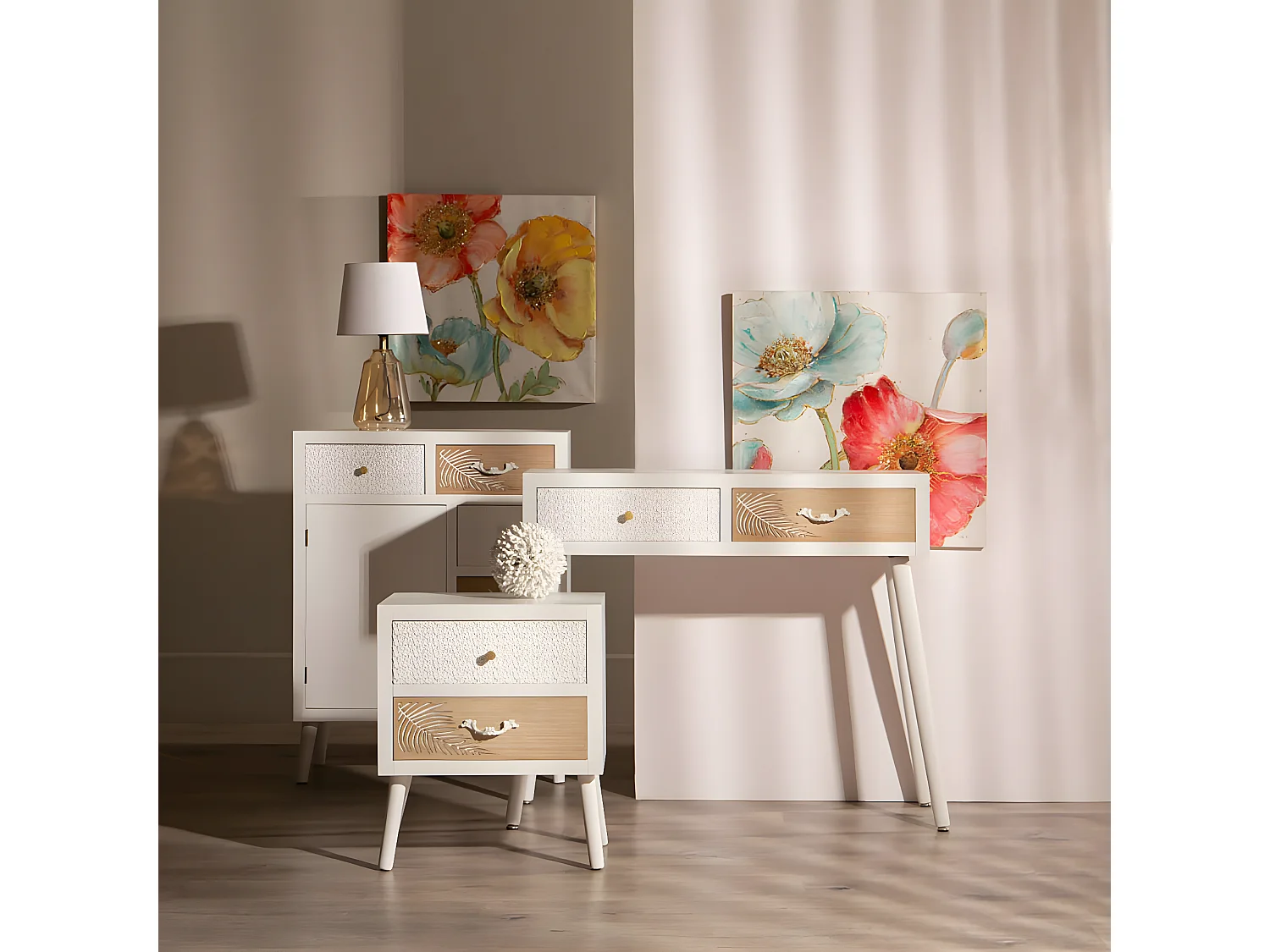 DELLA - Meuble 1 Porte 5 Tiroirs Bois Massif et Motif Floral