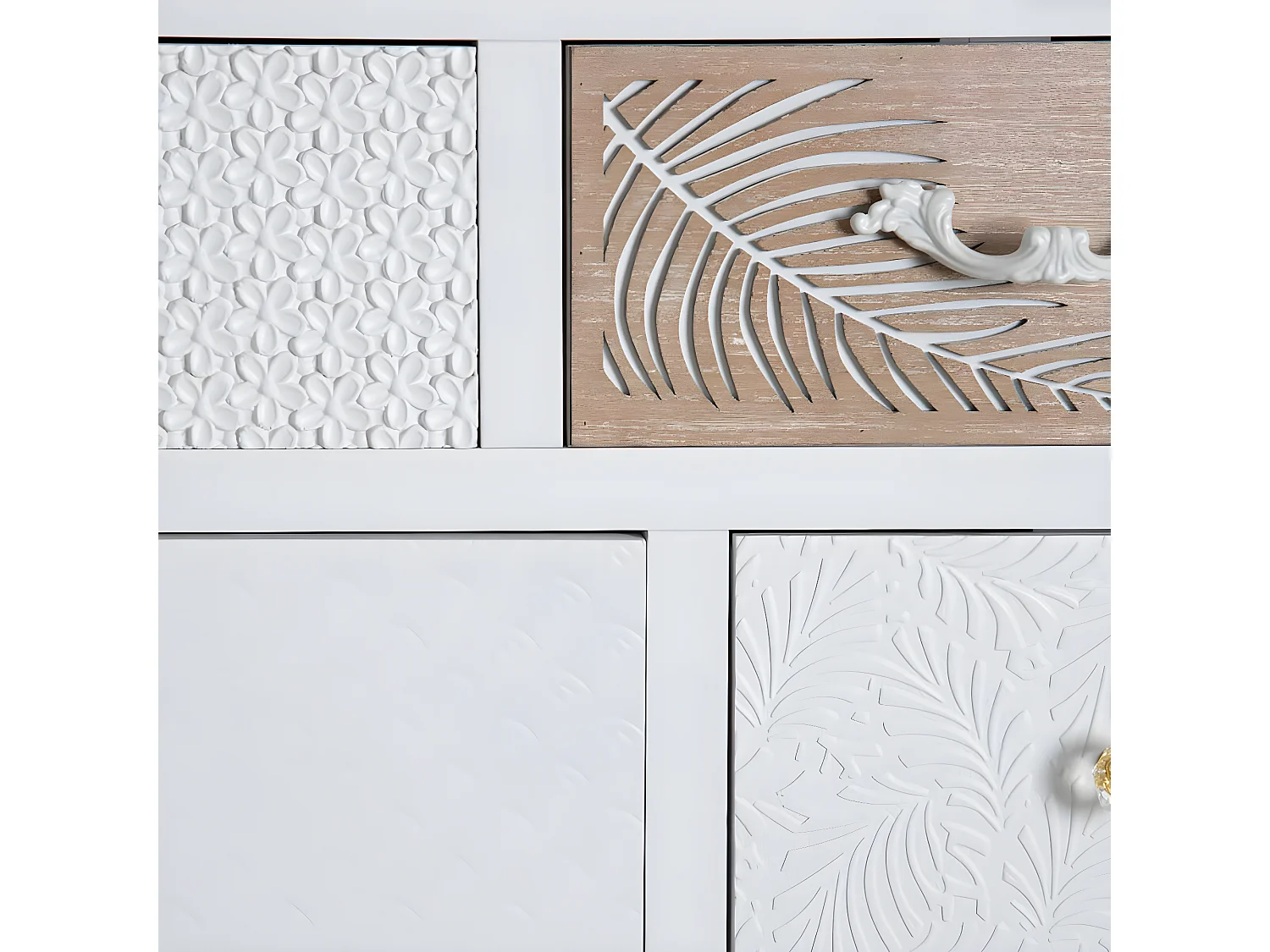 DELLA - Meuble 1 Porte 5 Tiroirs Bois Massif et Motif Floral