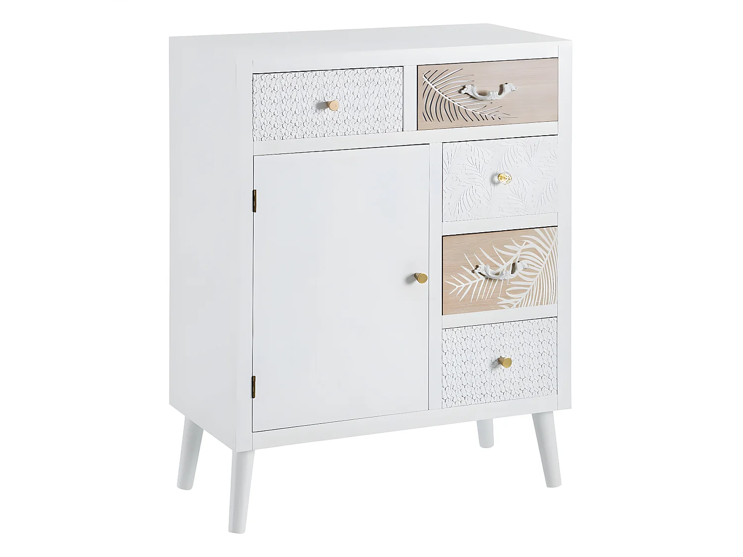 DELLA - Meuble 1 Porte 5 Tiroirs Bois Massif et Motif Floral