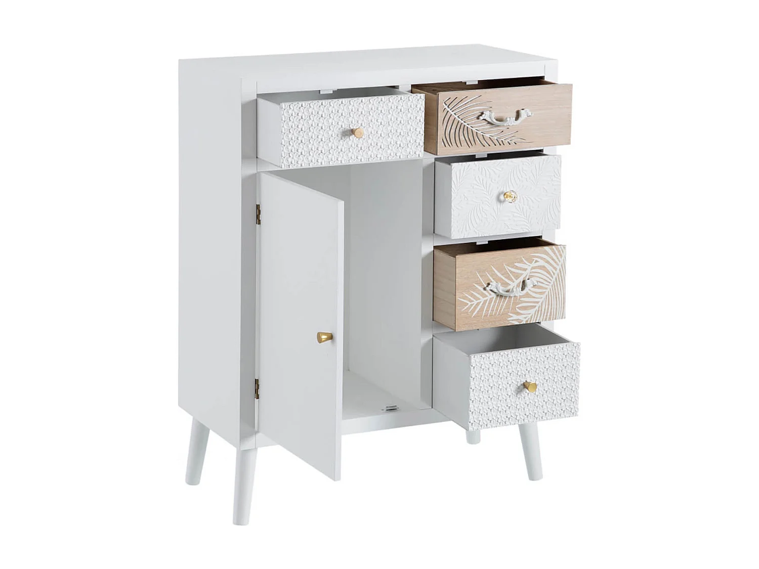 DELLA - Meuble 1 Porte 5 Tiroirs Bois Massif et Motif Floral