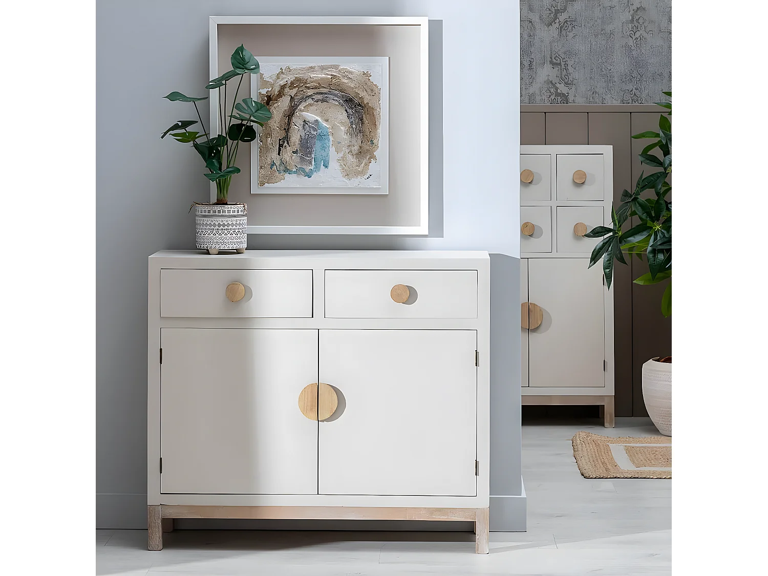 MYSTIC - Meuble Rangement 2 Portes 2 Tiroirs en Paulownia et MDF