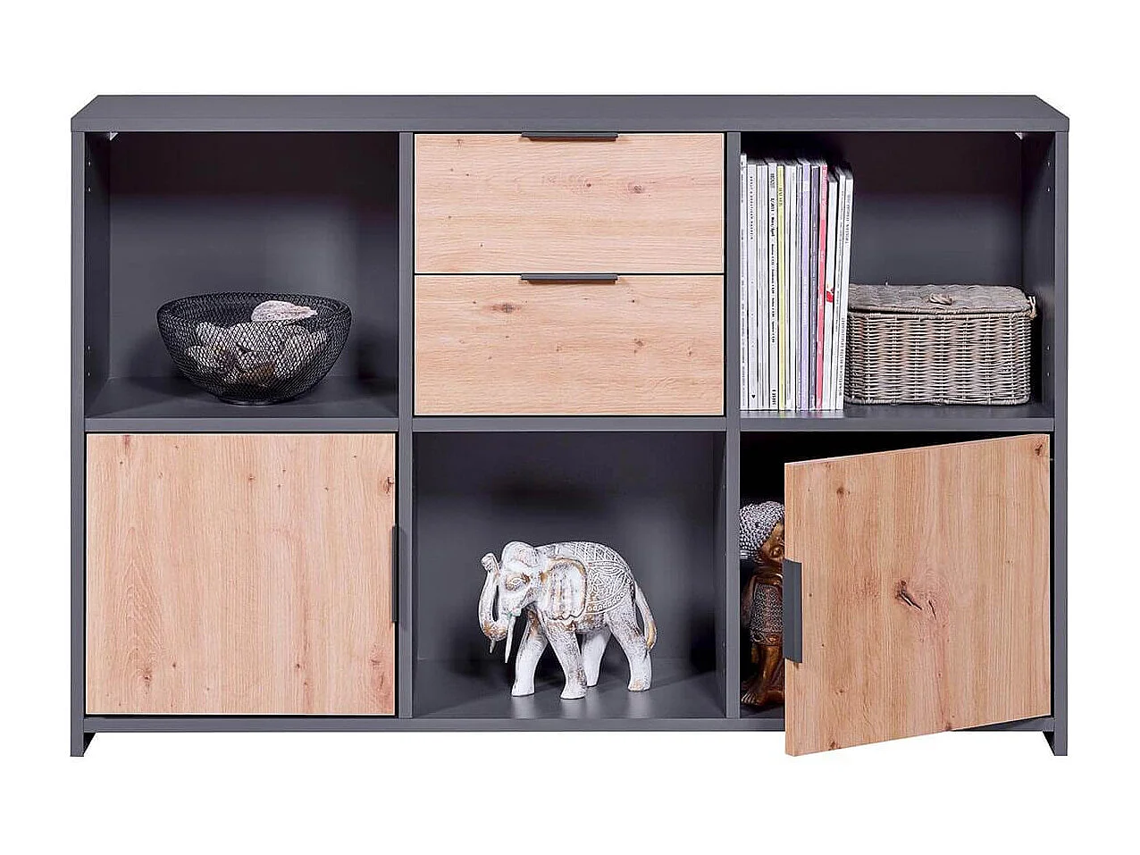 OPHELY - Meuble Multi-Rangement Anthracite et Effet Bois