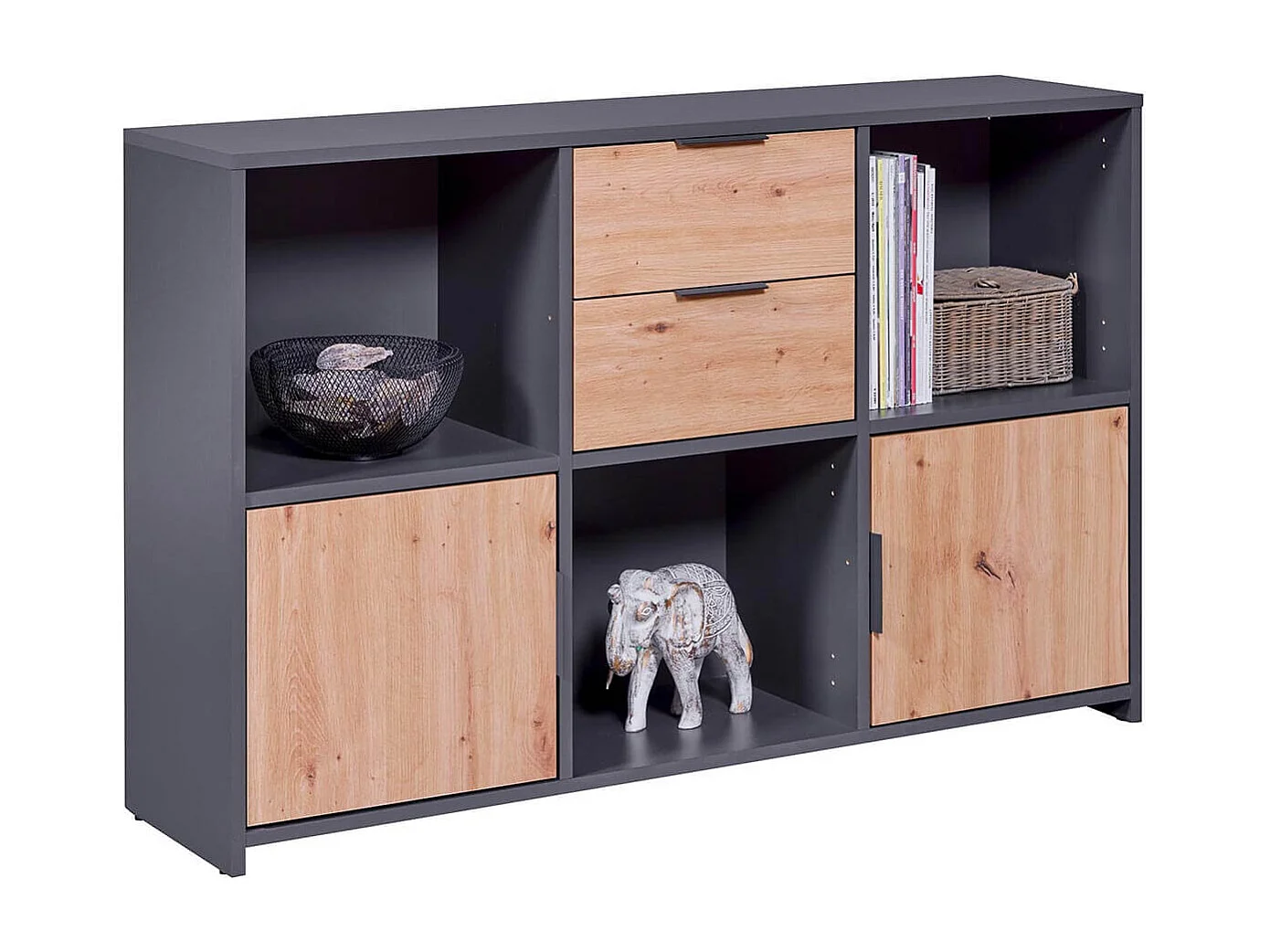 OPHELY - Meuble Multi-Rangement Anthracite et Effet Bois