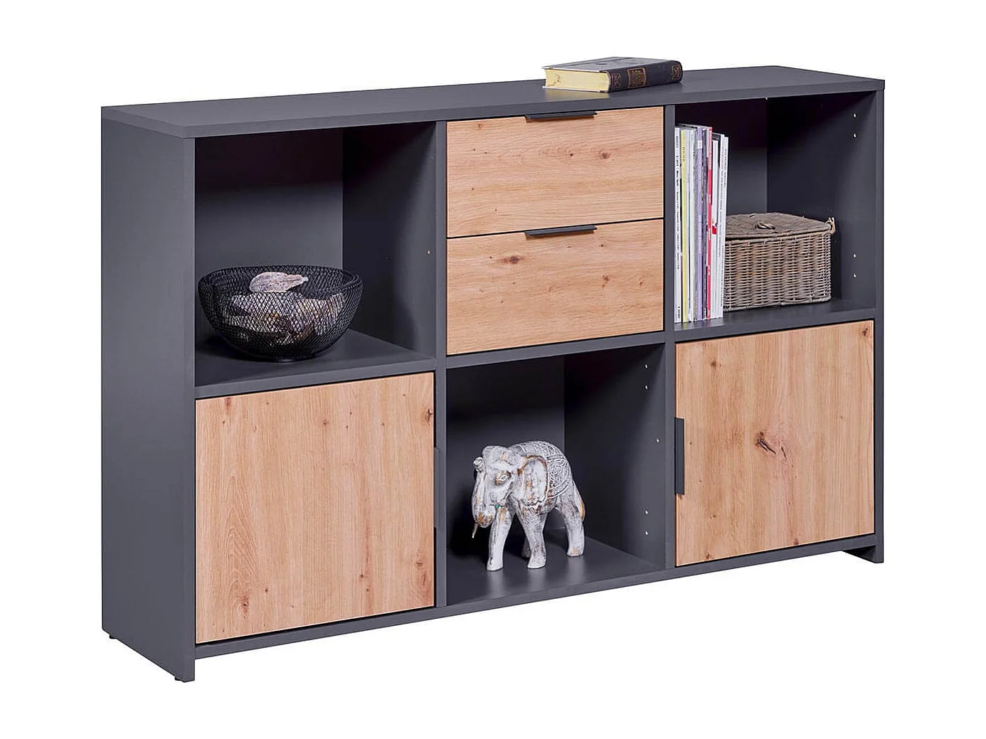 OPHELY - Meuble Multi-Rangement Anthracite et Effet Bois
