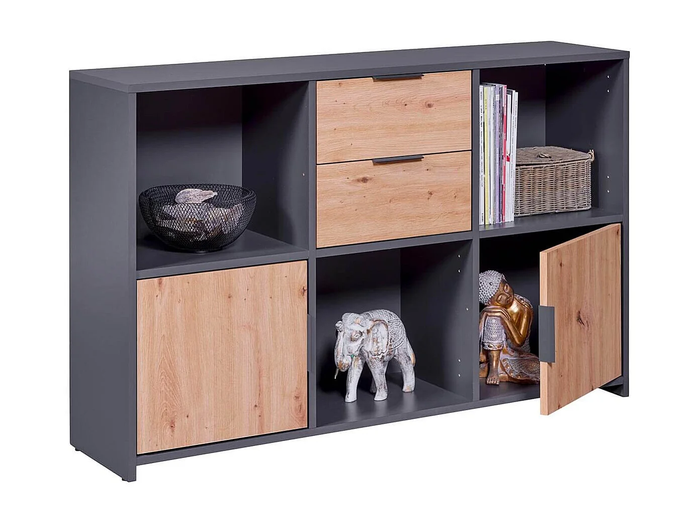 OPHELY - Meuble Multi-Rangement Anthracite et Effet Bois
