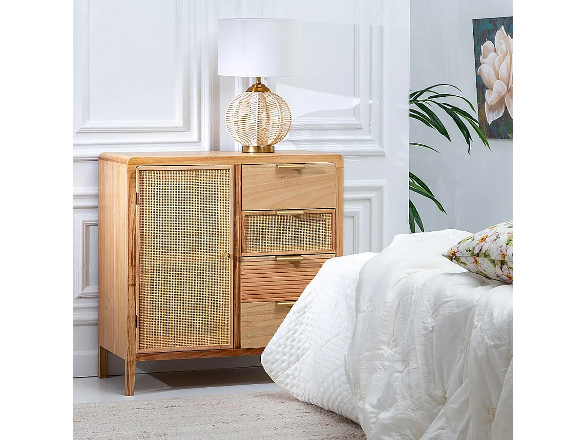 VIMET - Meuble d'Entrée 1 Porte 4 Tiroirs Bois et Rotin