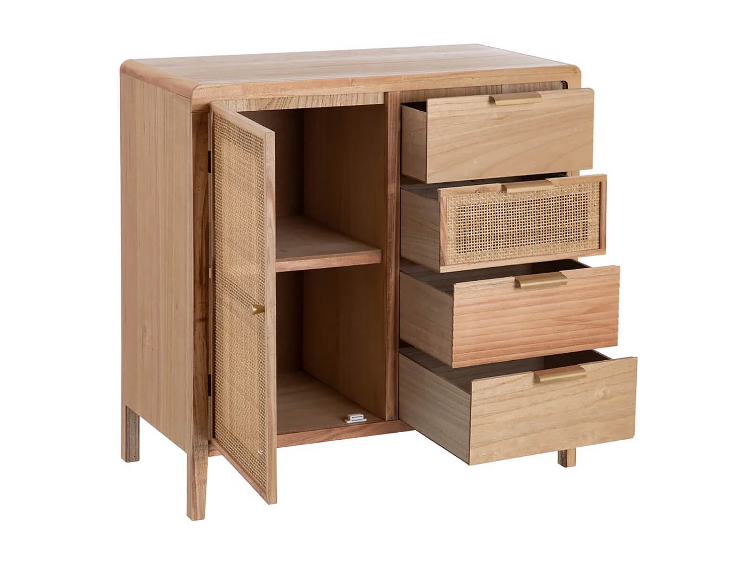 VIMET - Meuble d'Entrée 1 Porte 4 Tiroirs Bois et Rotin