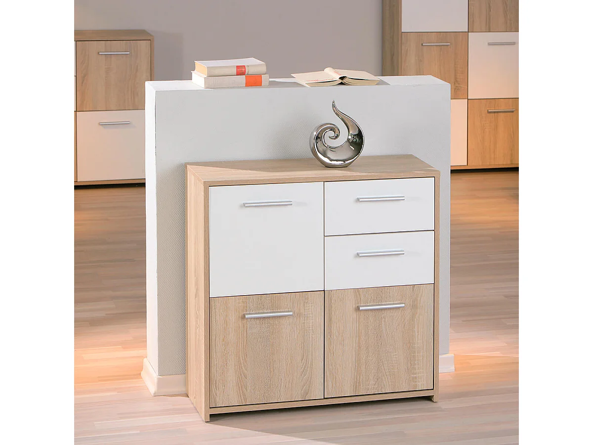 LIST - Meuble de Rangement 3 Portes 2 Tiroirs Aspect Bois