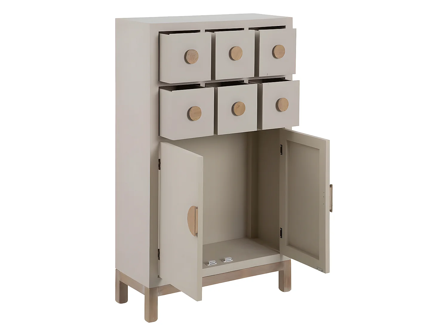 MYSTIC - Meuble Rangement 2 Portes 6 Tiroirs en Paulownia et MDF