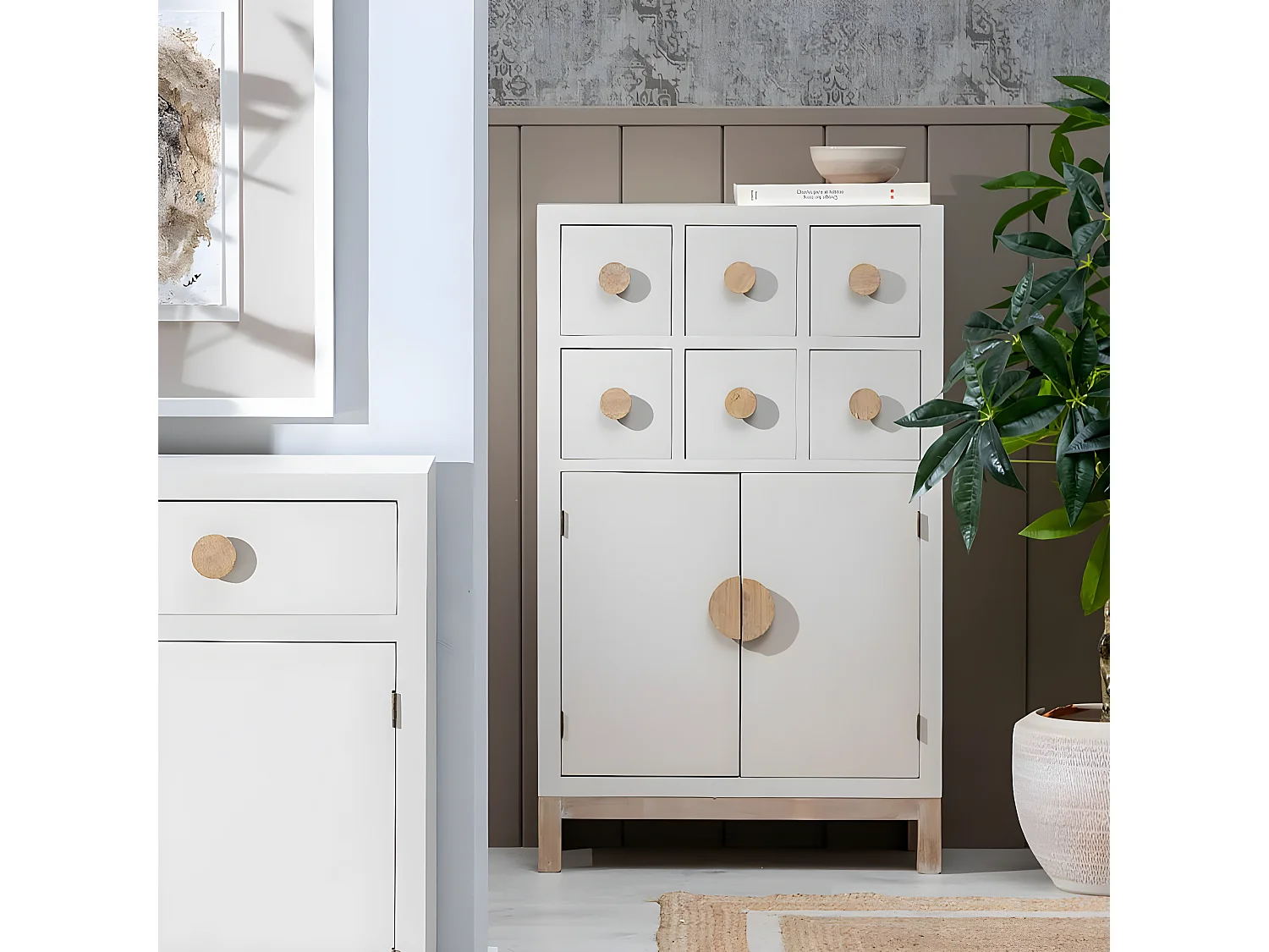 MYSTIC - Meuble Rangement 2 Portes 6 Tiroirs en Paulownia et MDF