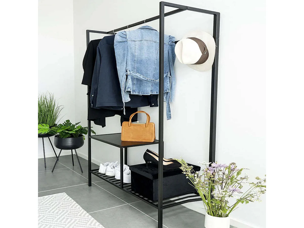 HARALD - Meuble d'Entrée Acier Noir et Aspect Bois Noir