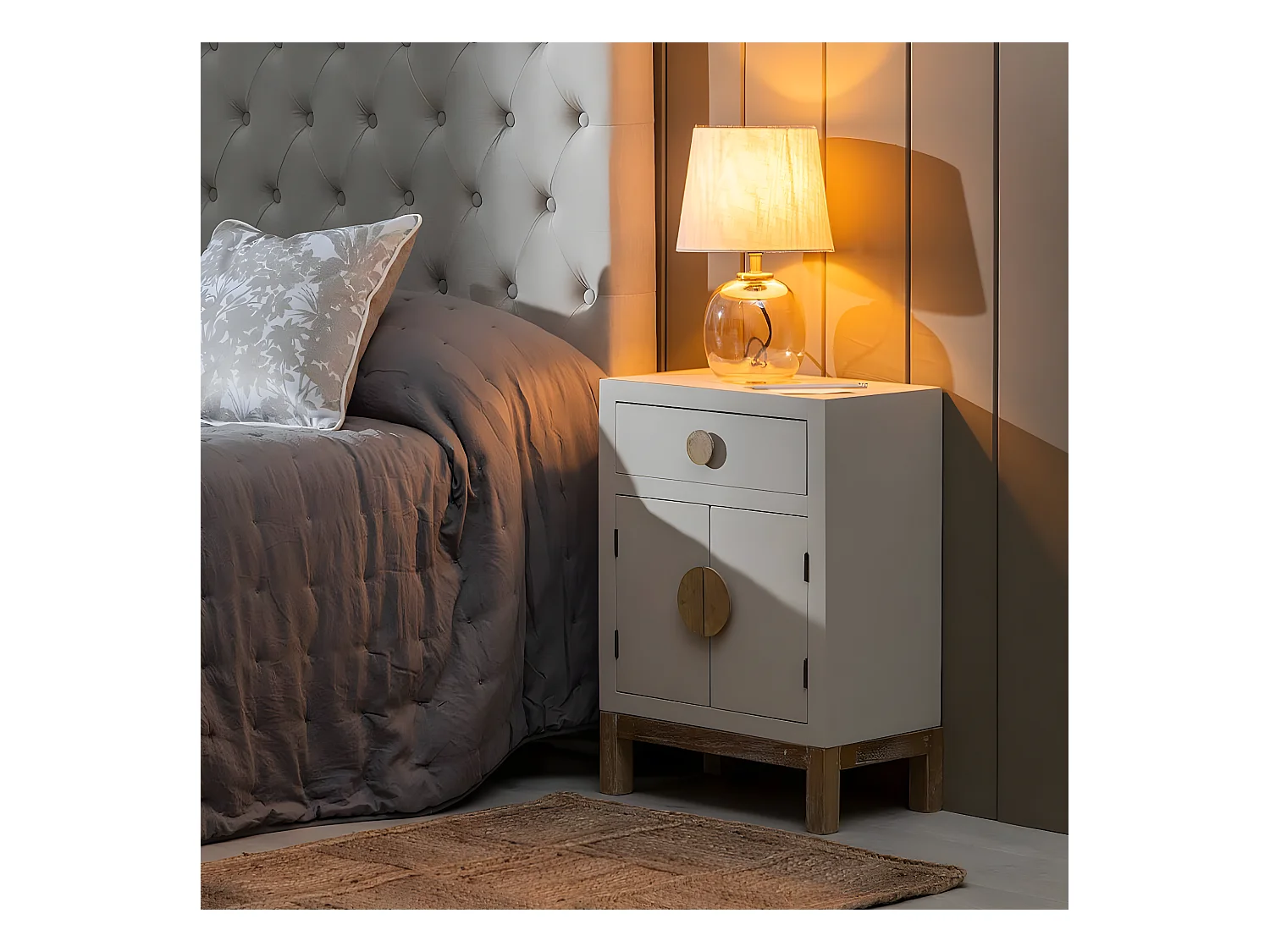 MYSTIC - Meuble Rangement 2 Portes 1 Tiroir en Paulownia et MDF