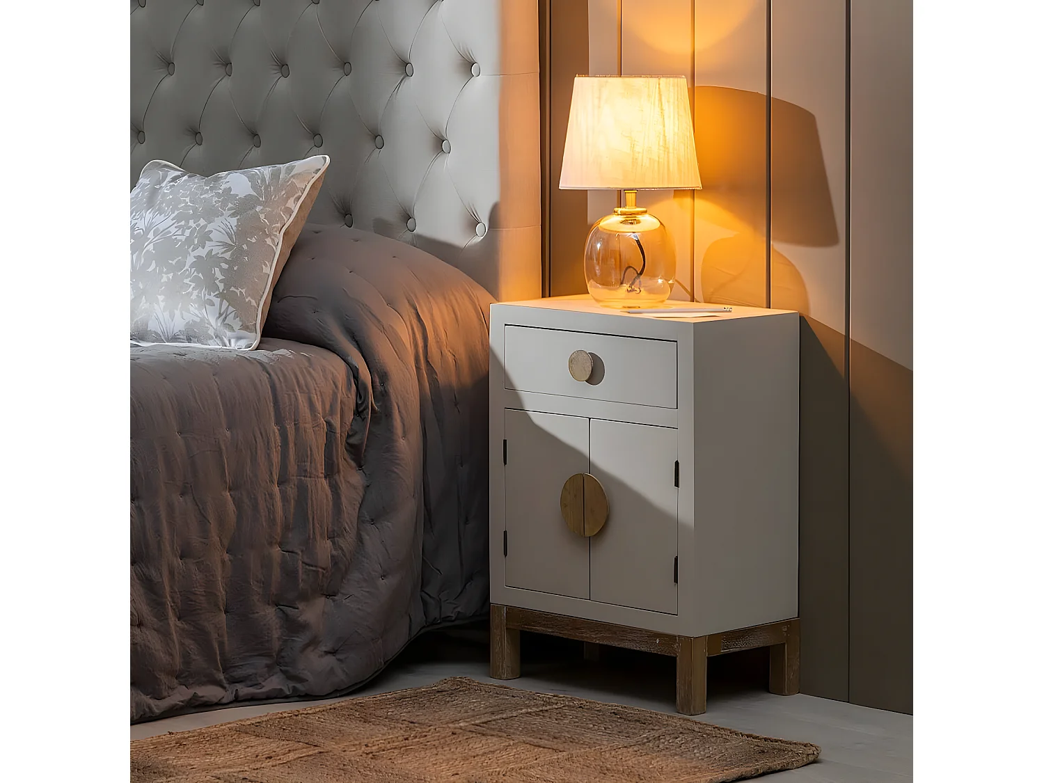 MYSTIC - Meuble Rangement 2 Portes 1 Tiroir en Paulownia et MDF