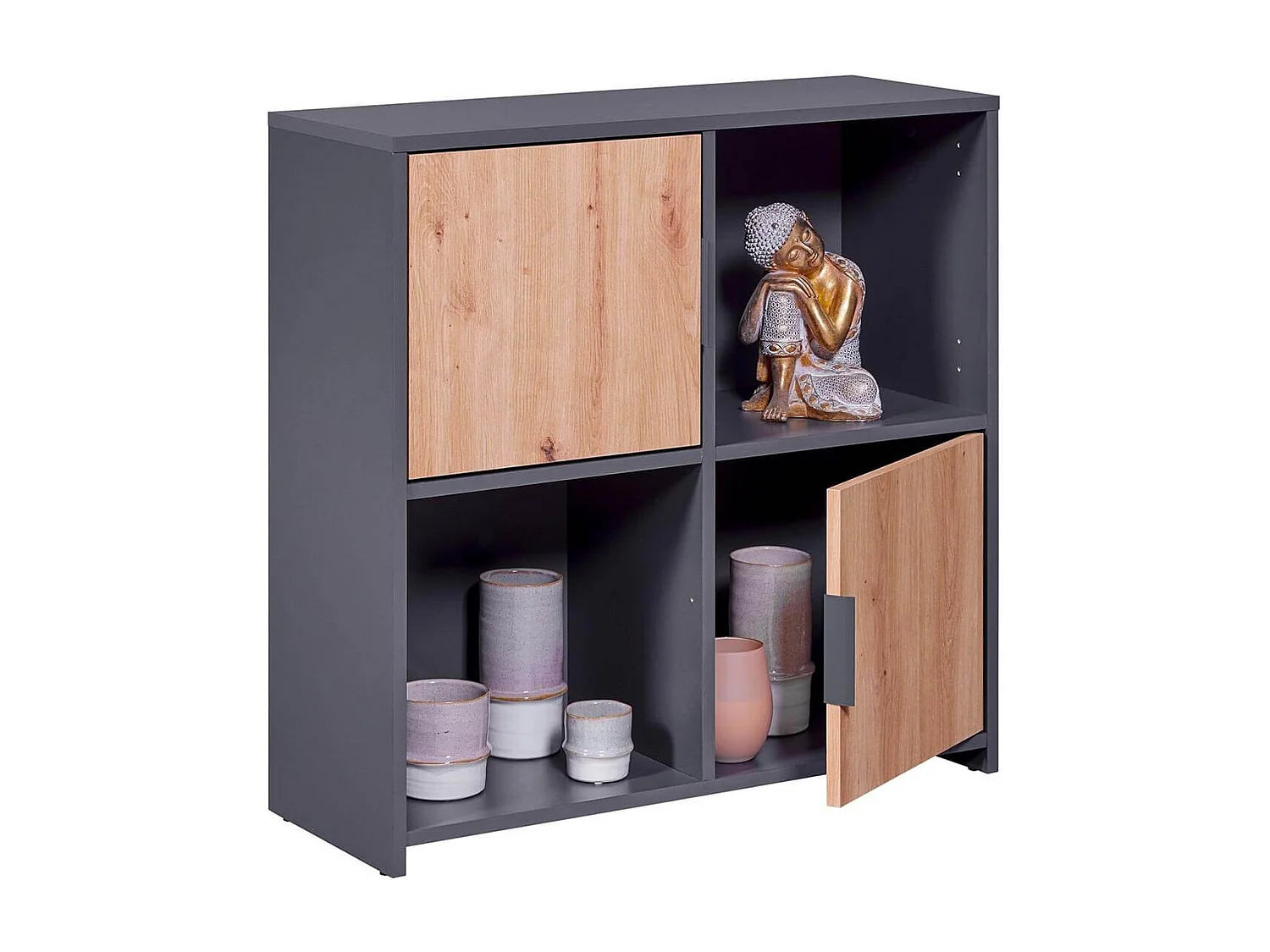 OPHELY - Meuble 2 Portes 2 Niches Anthracite et Effet Bois