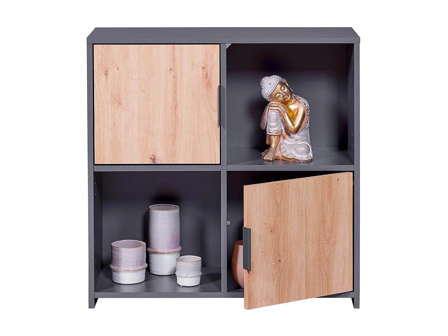 OPHELY - Meuble 2 Portes 2 Niches Anthracite et Effet Bois