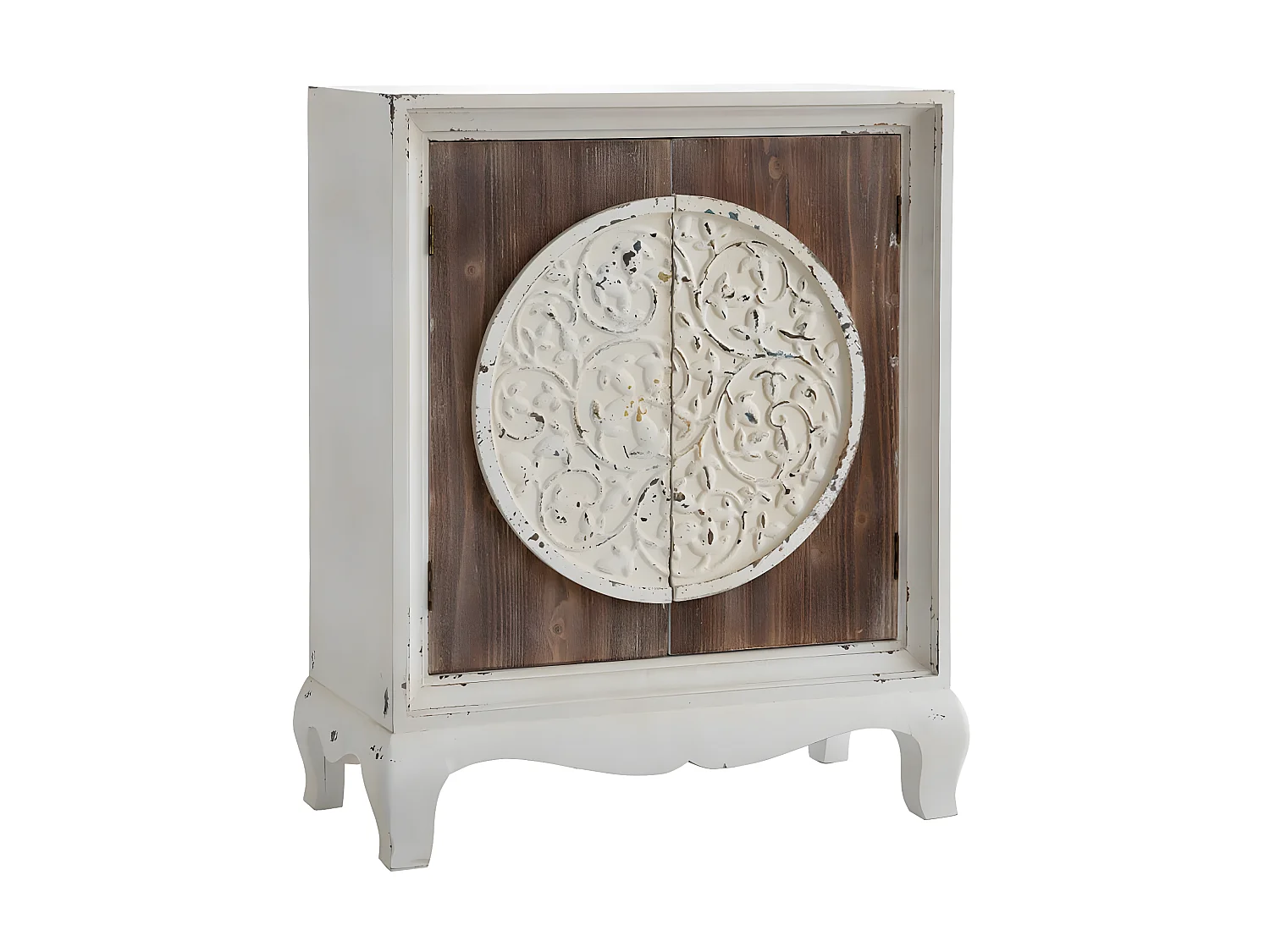 DEBBI - Meuble 2 Portes Sapin massif Aspect Vieilli Marron et Blanc