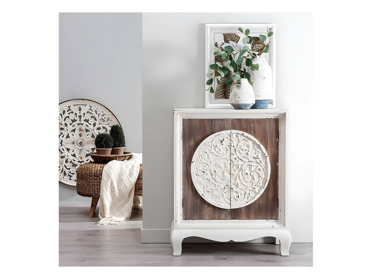 DEBBI - Meuble 2 Portes Sapin massif Aspect Vieilli Marron et Blanc