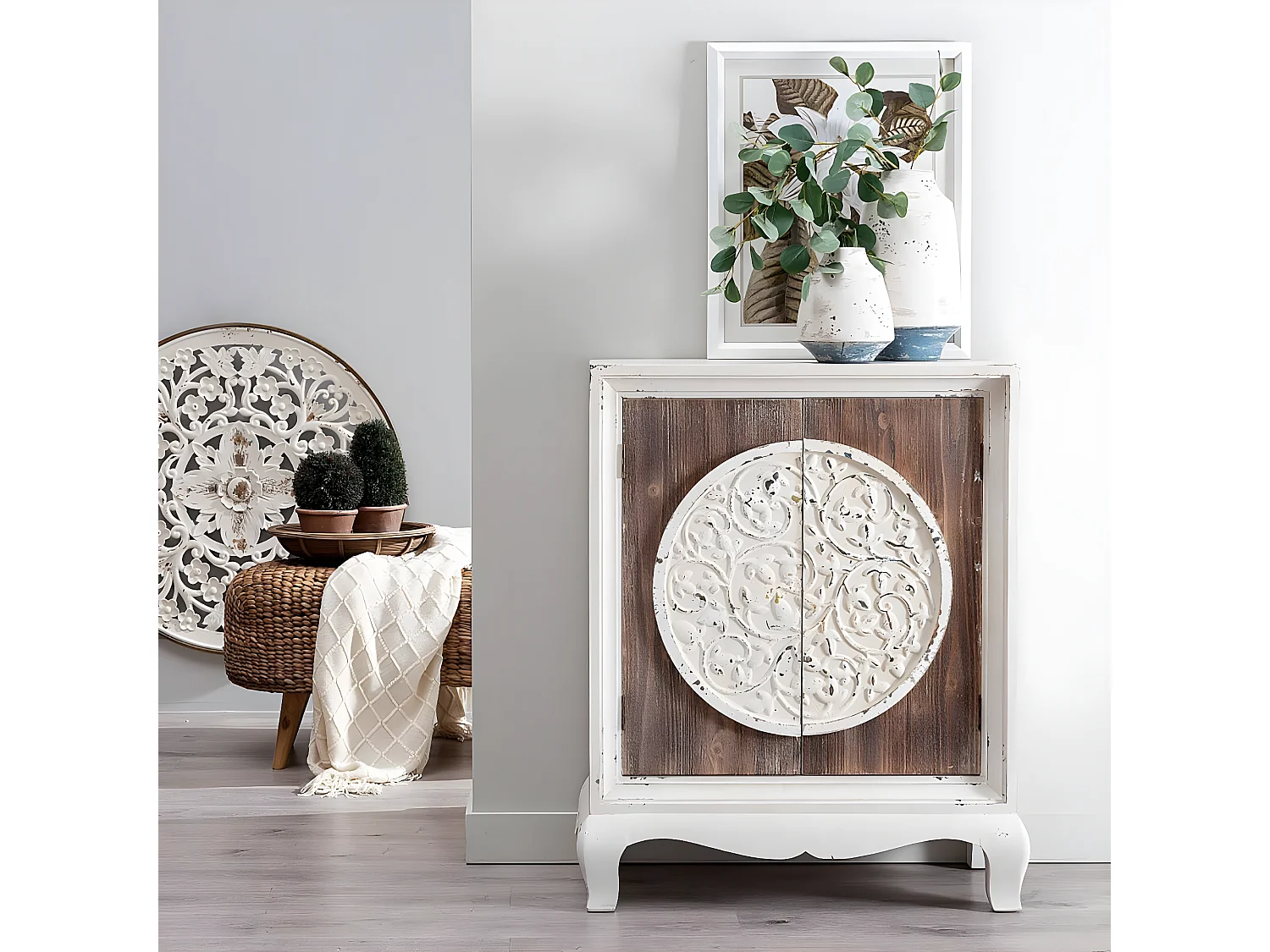 DEBBI - Meuble 2 Portes Sapin massif Aspect Vieilli Marron et Blanc