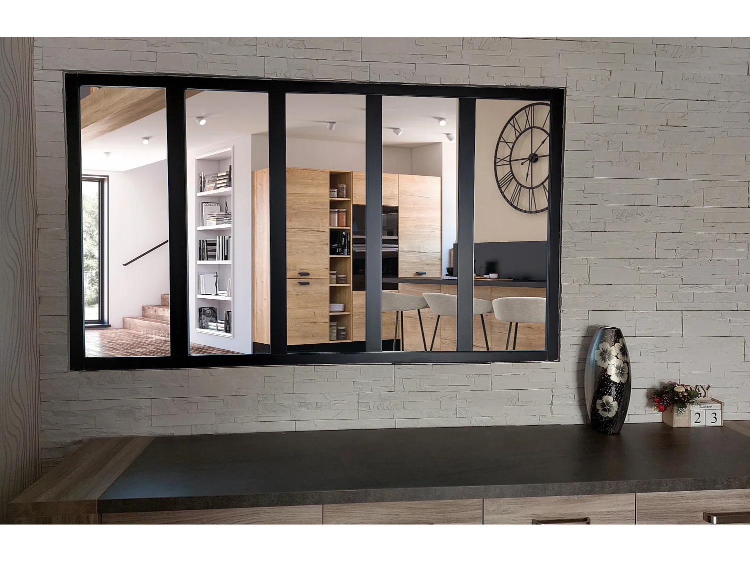 Verriere Bois Mdf Noir 5 Vitrages Clairs H108 Cm X L182 Cm Gd Menuiseries