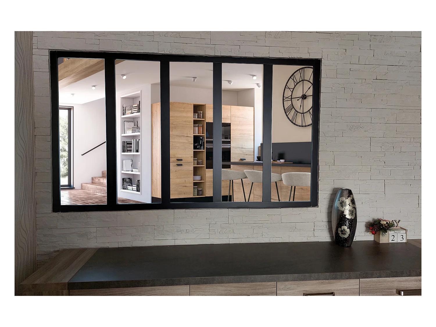 Verriere Bois Mdf Noir 5 Vitrages Clairs H108 Cm X L182 Cm Gd Menuiseries