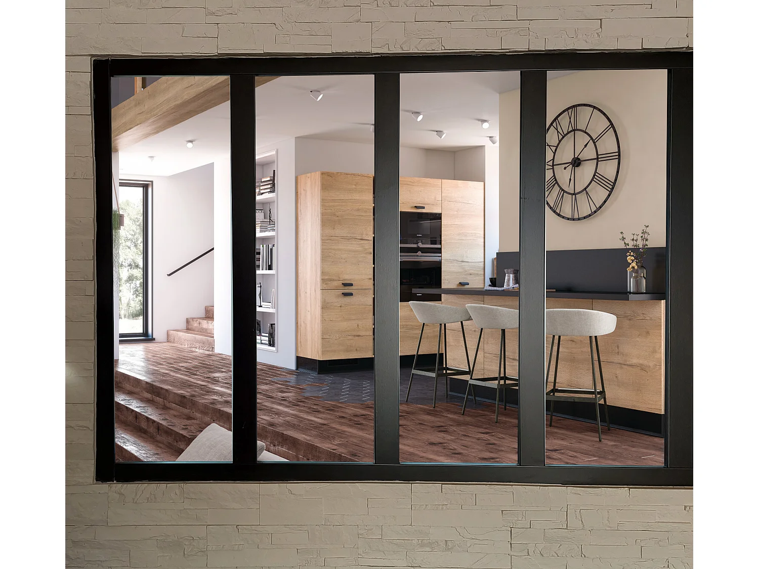 Verriere D'atelier Bois Mdf Noir 4 Vitrages Clairs H1080 Mm X L1478 Mm Gd Menuiseries