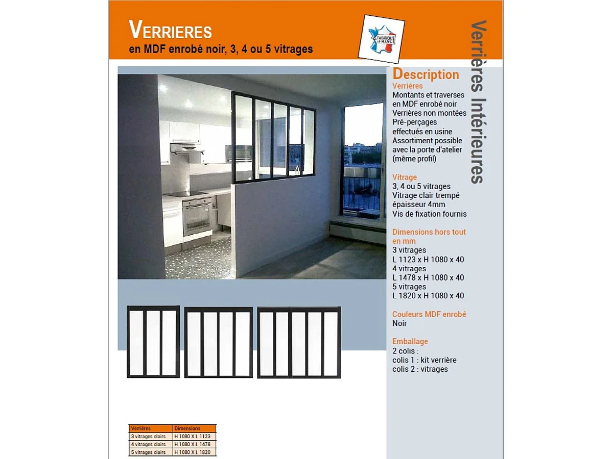 Verriere D'atelier Bois Mdf Noir 3 Vitrages Clairs H1080 Mm X L1123mm Gd Menuiseries