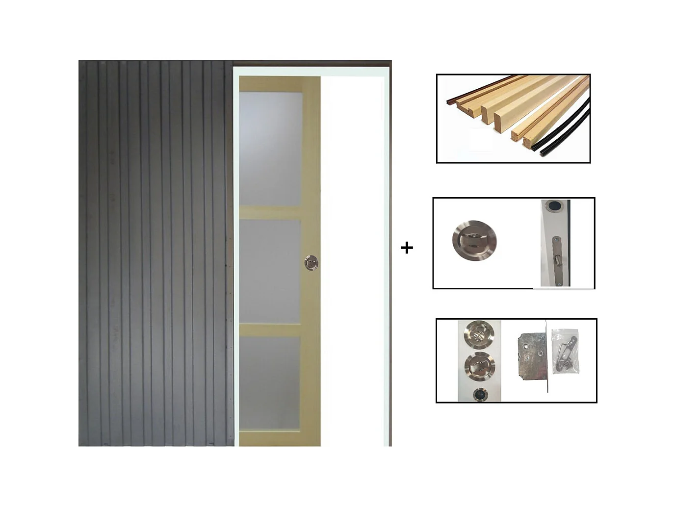 Porte Coulissante Bois Ayous Vitrée H204 X L73 + Système à  Galandage Et Kit  Finition Inclus Gd Menuiseries