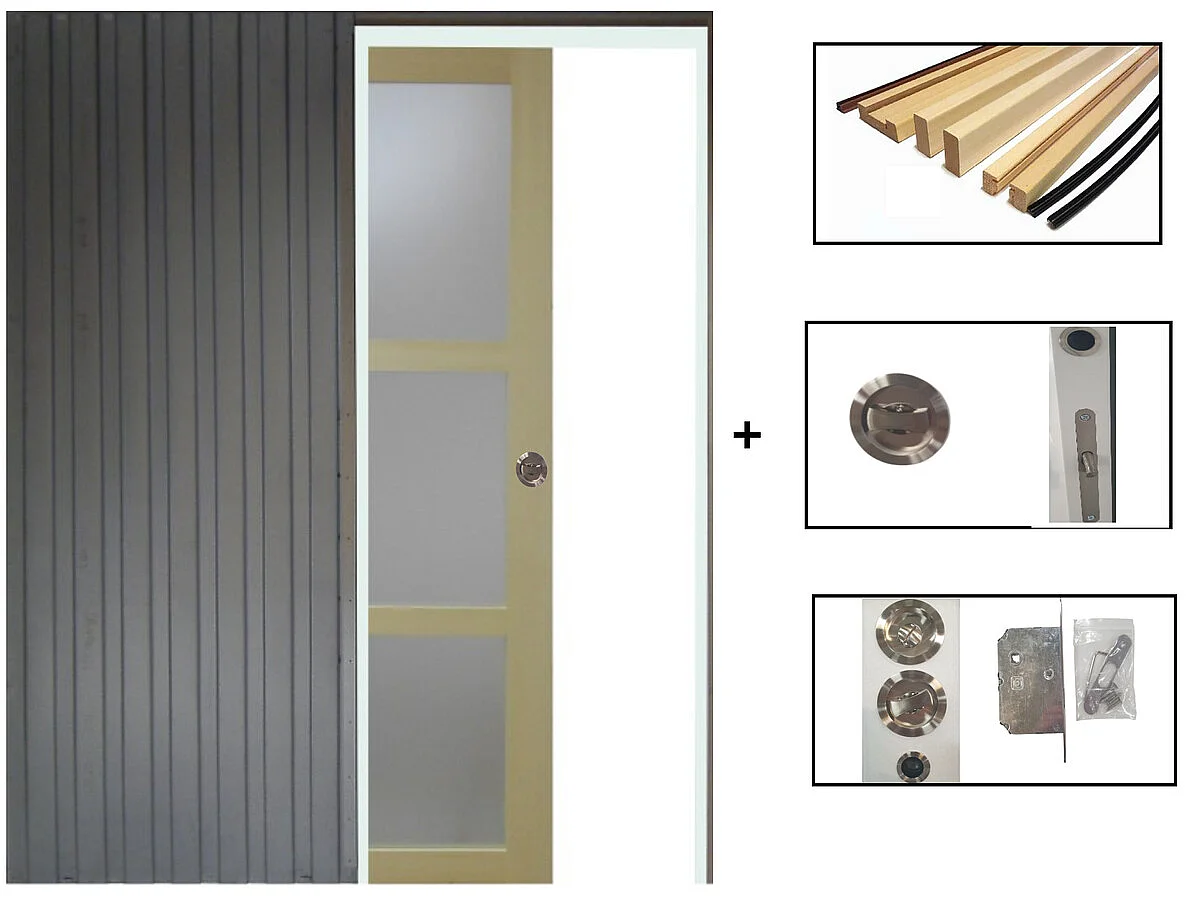 Porte Coulissante Bois Ayous Vitrée H204 X L73 Cm, Galandage, Kit Finition Gd Menuiseries