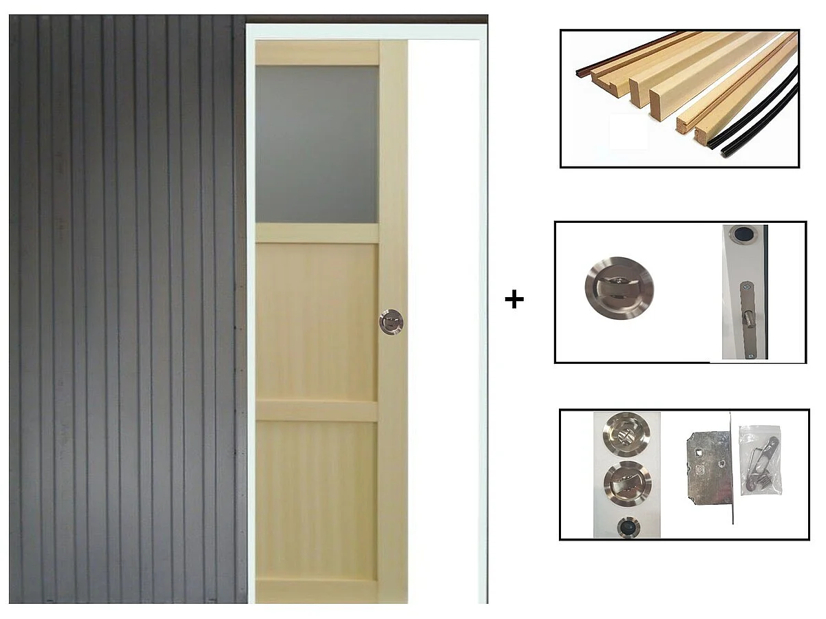 Porte Coulissante Ayous 2 Panneaux, 1 Vitrage H204 X L83 Cm, Galandage, Kit Finition Gd Menuiseries
