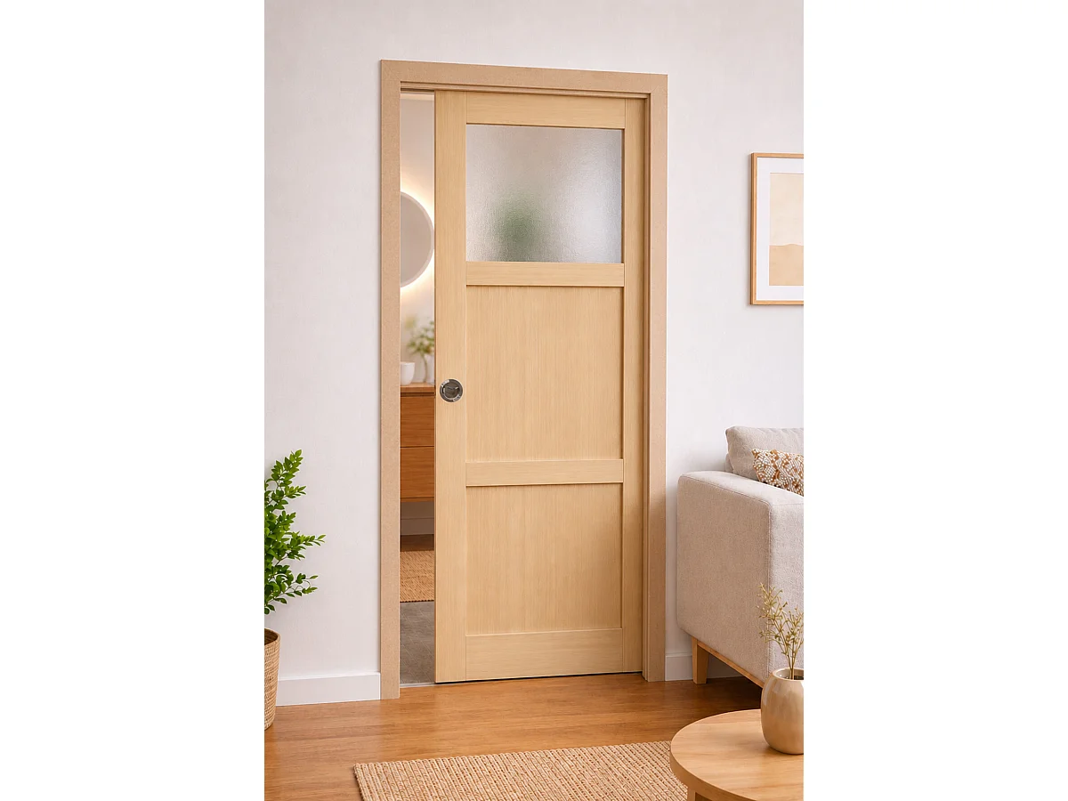 Porte Coulissante Ayous 2 Panneaux, 1 Vitrage H204 X L83 Cm, Galandage, Kit Finition Gd Menuiseries