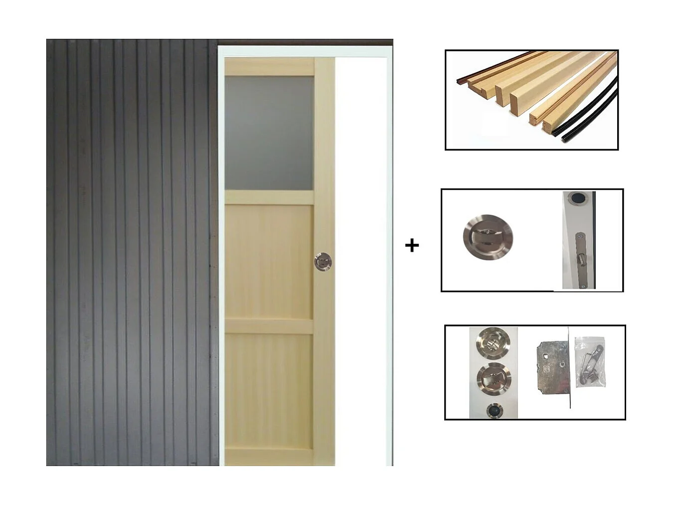 Porte Coulissante Ayous 2 Panneaux + 1 Vitrage H204 X L73 + Systeme A  Galandage Et Kit Finition Inclus Gd Menuiseries