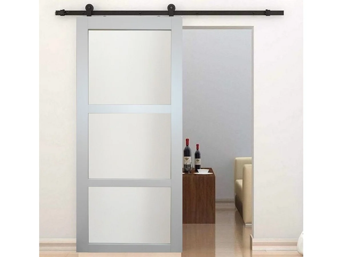 Porte Coulissante Greyria Gris Clair Ral7035 Vitree H204 X L93 + Rail A Roulettes Noir Gd Menuiseries