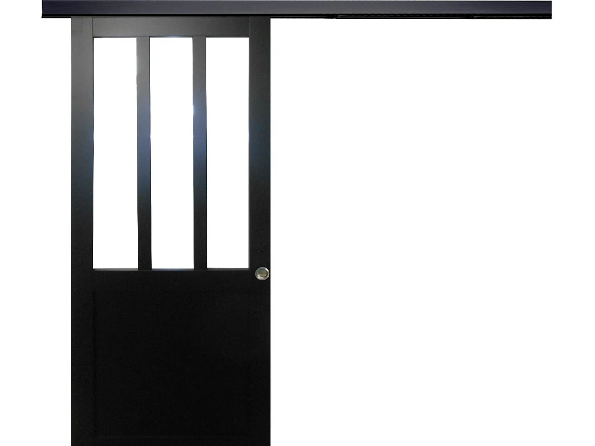 Porte Coulissant Atelier Noir H204 X L83 + Rail Alu Bandeau Noir Et Coquilles Gd Menuiseries