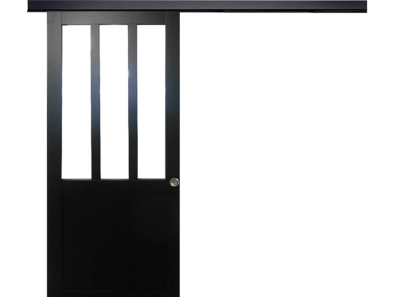 Porte Coulissant Atelier Noir H204 X L83 + Rail Alu Bandeau Noir Et Coquilles Gd Menuiseries