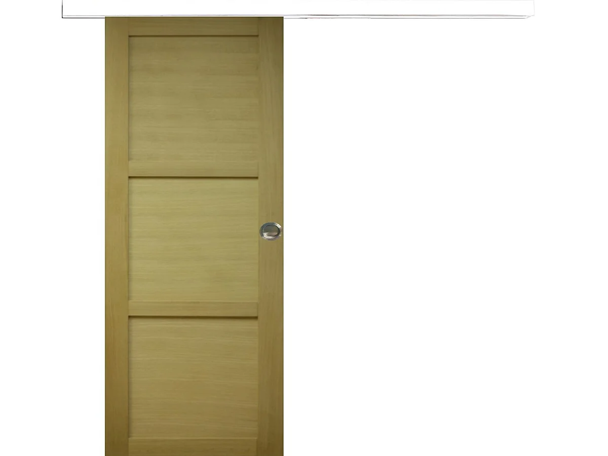 Porte Coulissante Bois Ayous 3 Panneaux H204 X L83 Cm, Rail Alu Bandeau Blanc, Coquilles Gd Menuiseries