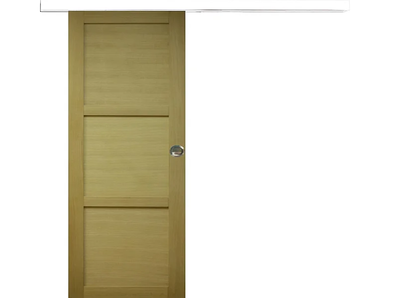 Porte Coulissante Bois Ayous 3 Panneaux H204 X L83 + Rail Alu Bandeau Blanc Et Coquilles Gd Menuiseries